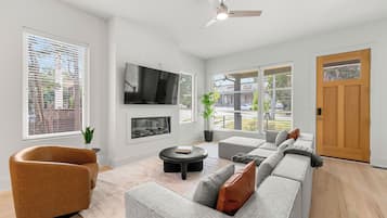 Smart TV, fireplace, books