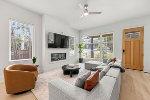 Smart TV, fireplace, books