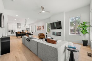 Smart TV, fireplace, books