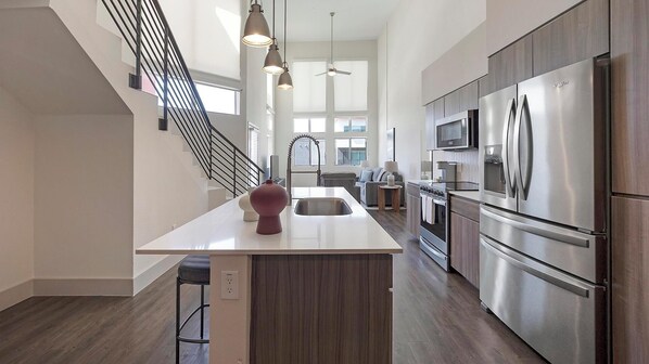 Fridge, dining tables