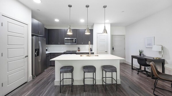 Fridge, dining tables