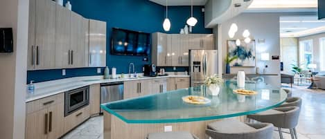 Fridge, dining tables