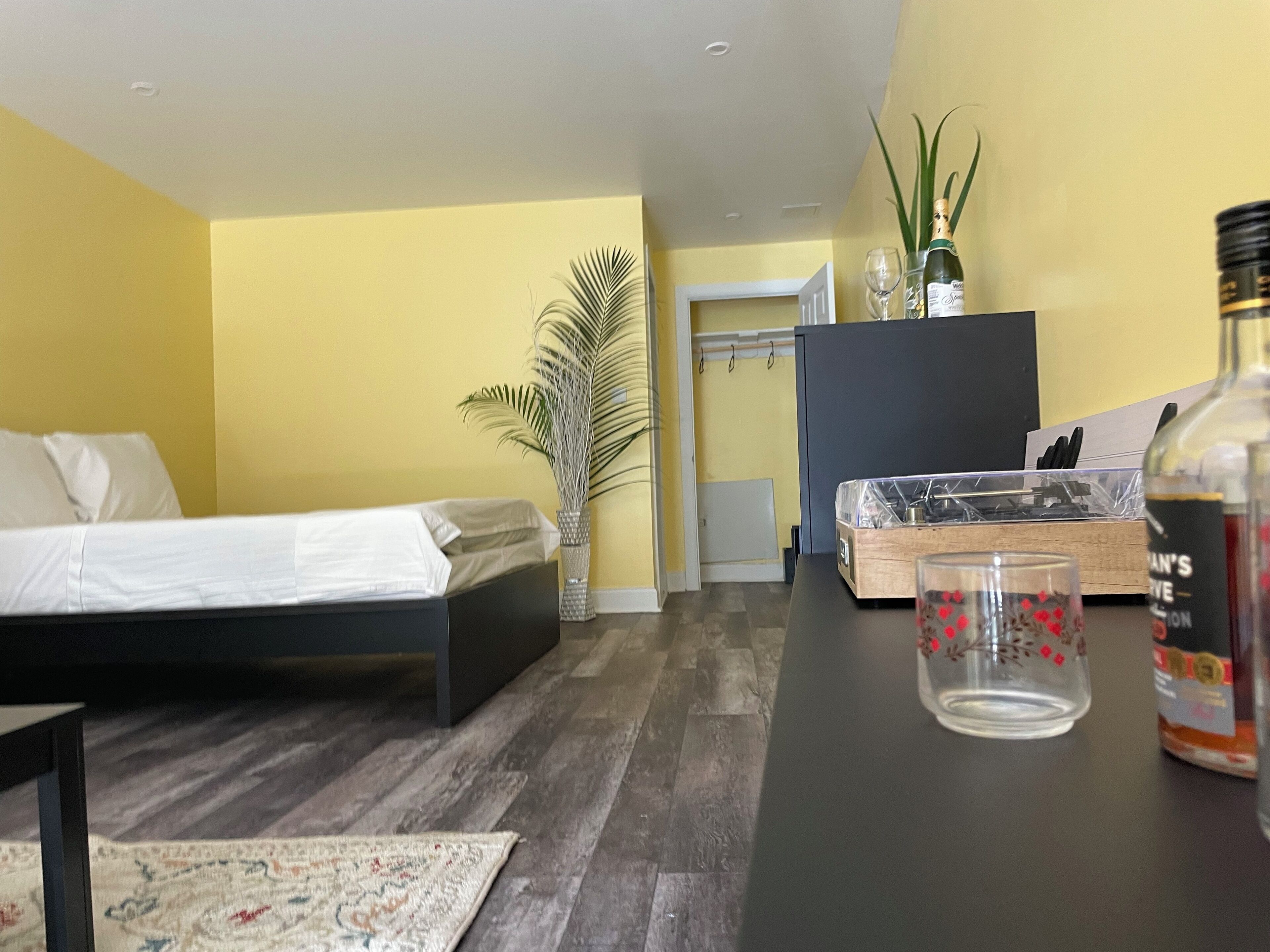 A room with a bed, a desk, a potted plant, a bottle, and a cabinet.