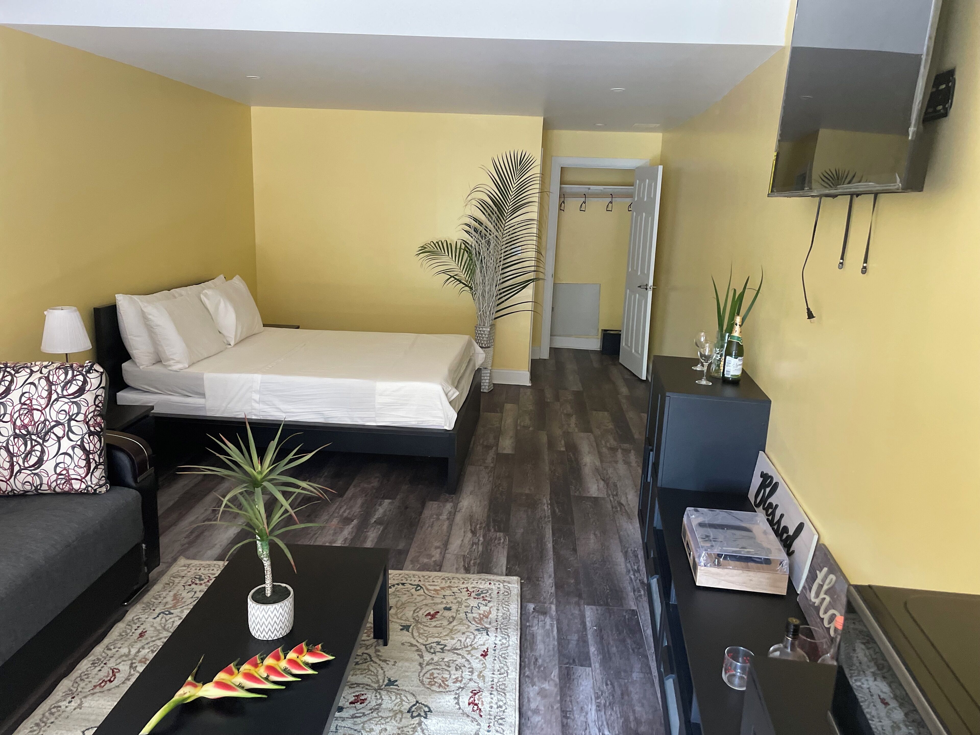 Een moderne hotelkamer met een bed, een bank, een bijzettafeltje met een plant, een aan de muur bevestigde televisie en een deur naar een badkamer.