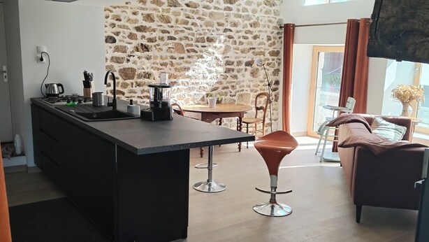 Une cuisine moderne avec un mur d’accent en pierre, un coin repas avec une table et des chaises en bois, et un espace salon confortable avec un canapé et des fauteuils.