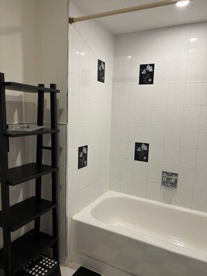 Hair dryer, towels, soap, toilet paper