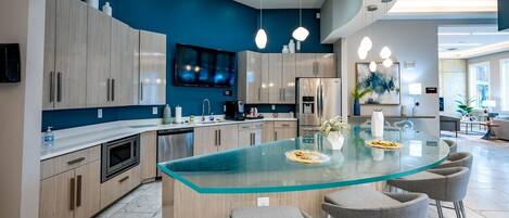 Fridge, dining tables