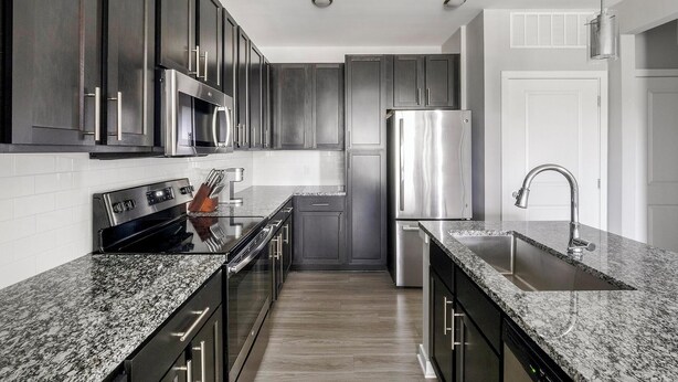 A modern kitchen with dark cabinetry, stainless steel appliances, granite countertops, and a built-in dishwasher. - Landing | Stunning 1BD, Pool, Gym (Summerville)