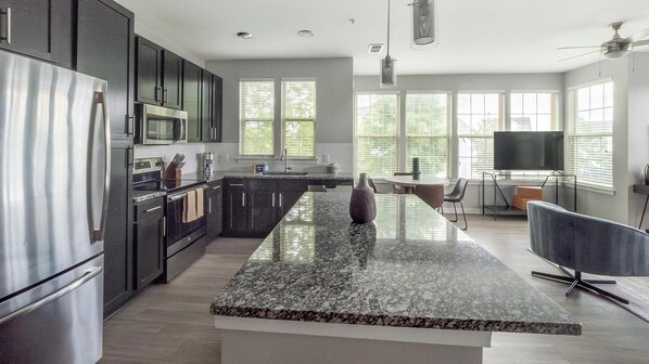 Fridge, dining tables