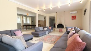 Ein geräumiges Wohnzimmer mit Kamin, grauen Sofas und einem gemusterten Teppich.