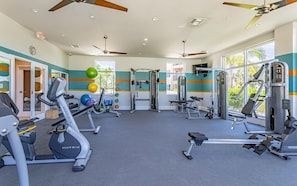 A gym with various exercise equipment, including treadmills and weight machines, and a large window providing natural light.