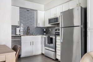 Fridge, dining tables