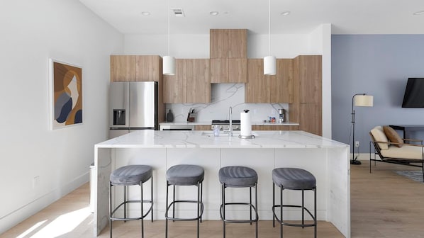 Fridge, dining tables