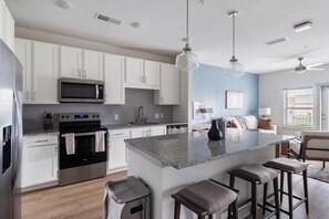 Fridge, dining tables