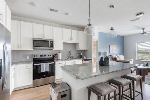 Fridge, dining tables