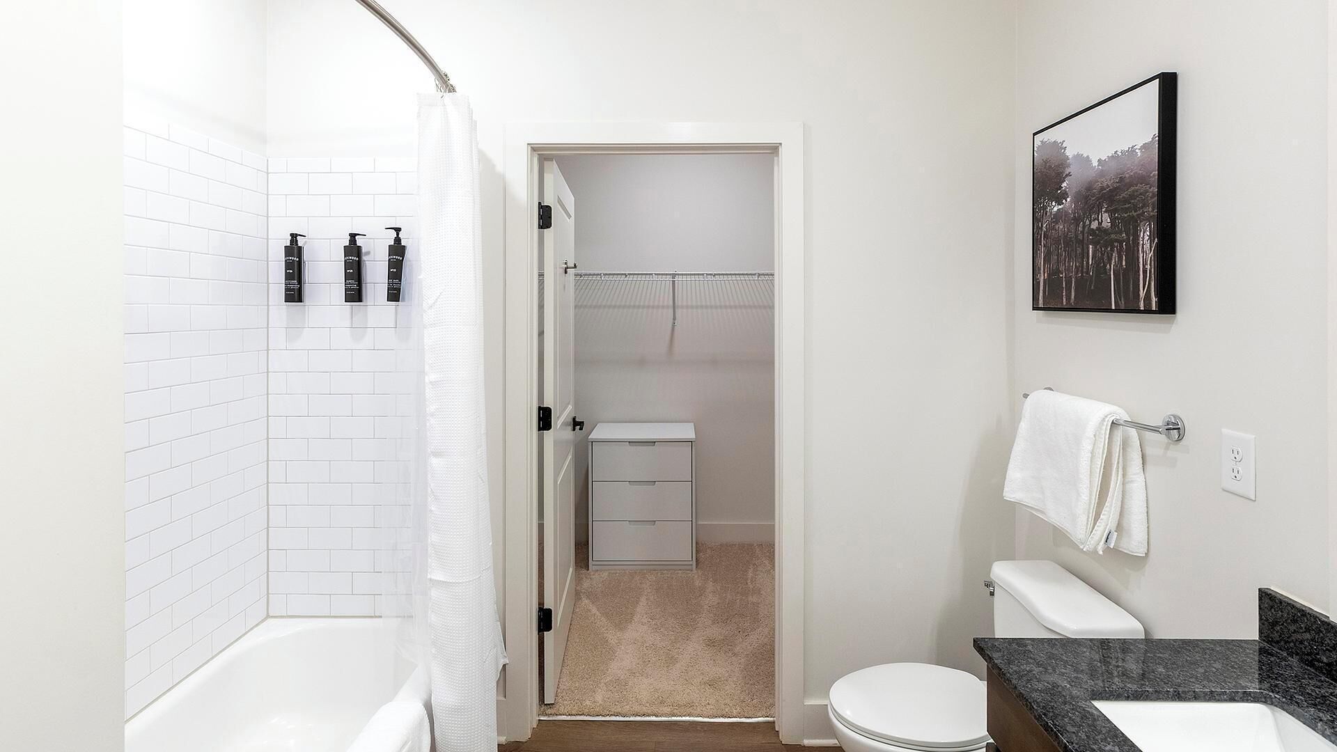 Une salle de bain moderne avec une baignoire blanche, des toilettes et un lavabo. On y trouve un rideau de douche, un porte-serviettes et un tableau encadré au mur.