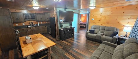 Smart TV, fireplace, books