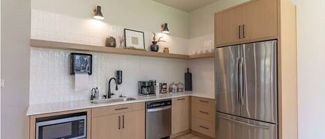 Fridge, dining tables