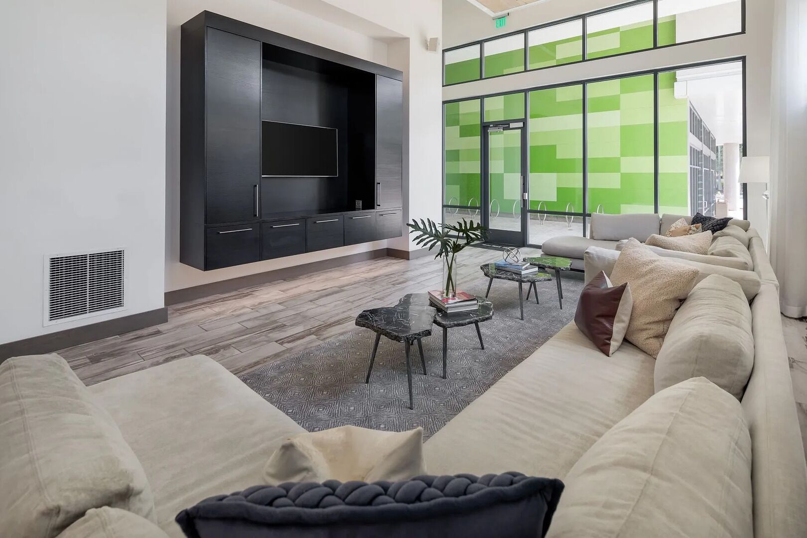 Un salon moderne avec un grand canapé, un téléviseur à écran plat et une fenêtre teintée de vert.