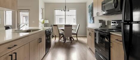 Fridge, dining tables