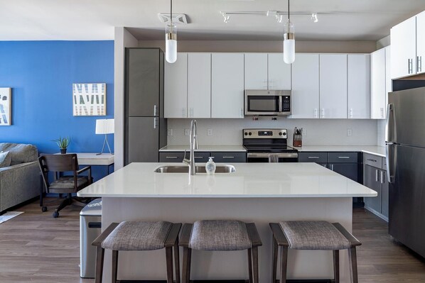 Fridge, dining tables