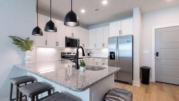 Fridge, dining tables