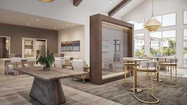Un moderno vestíbulo de hotel con un amplio mostrador de recepción de madera, asientos cómodos y grandes ventanales que ofrecen vistas del entorno.