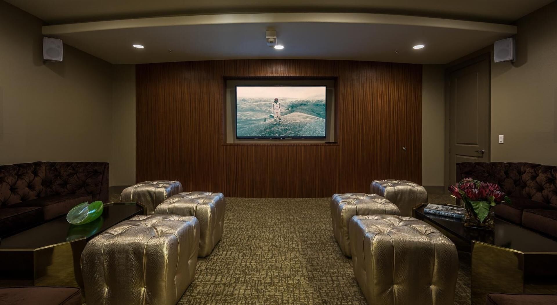 Ein Heimkinozimmer mit großer Leinwand, Ledersitzgelegenheiten und Teppichboden.
