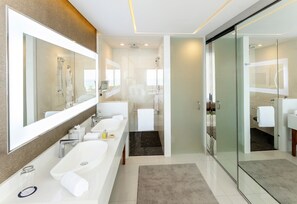 Shower, hair dryer, bidet, towels