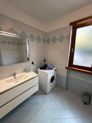 Shower, hair dryer, bidet, towels