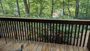 Eine Holzterrasse mit Metallgeländer, von der aus ein bewaldetes Gebiet zu sehen ist.
