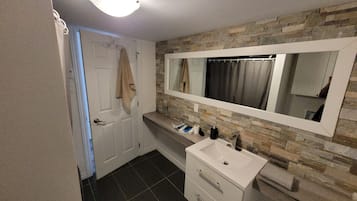 Hair dryer, towels, soap