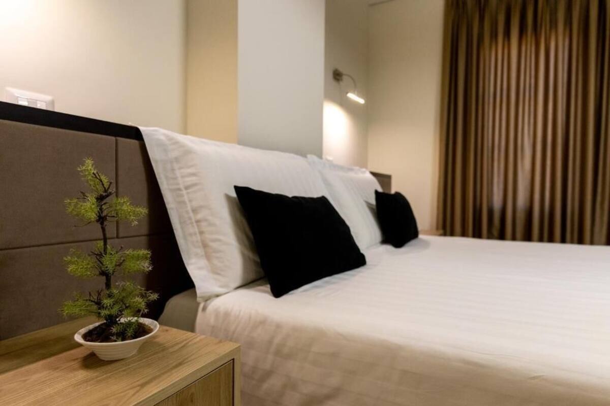 A neatly made bed with white and black pillows, a small potted plant on the nightstand, and a wooden headboard.