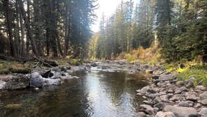 A river with clear water, surrounded by rocks and tall trees.
