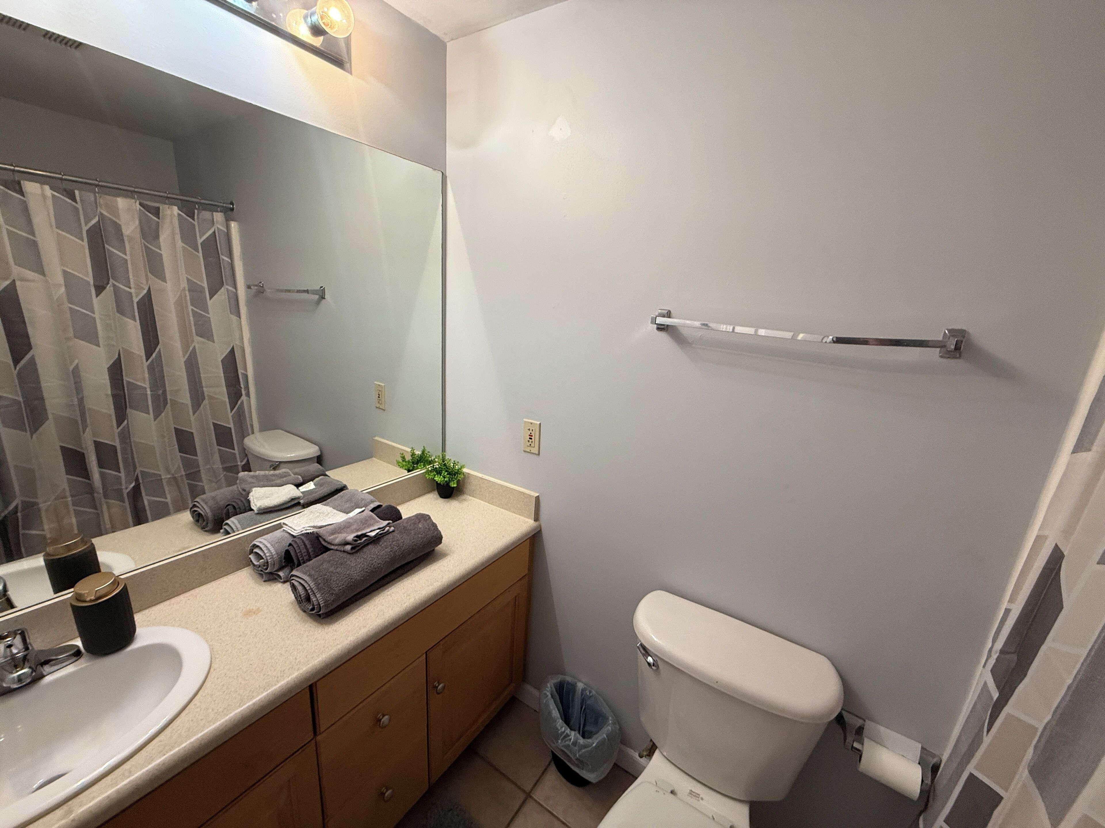 Hair dryer, towels, soap, shampoo