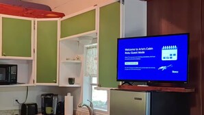 A kitchen with a refrigerator, microwave, and a television displaying a Roku guest mode welcome screen. - Peacefull Cabin in the Woods with heat/air conditioning (Marietta)
