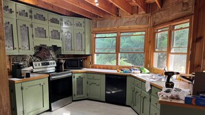 A kitchen with green cabinets, a microwave, stove, and a dishwasher. There are windows with a view of trees outside.