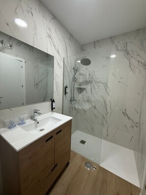 Douche, séchoir à cheveux, serviettes fournies, shampooing