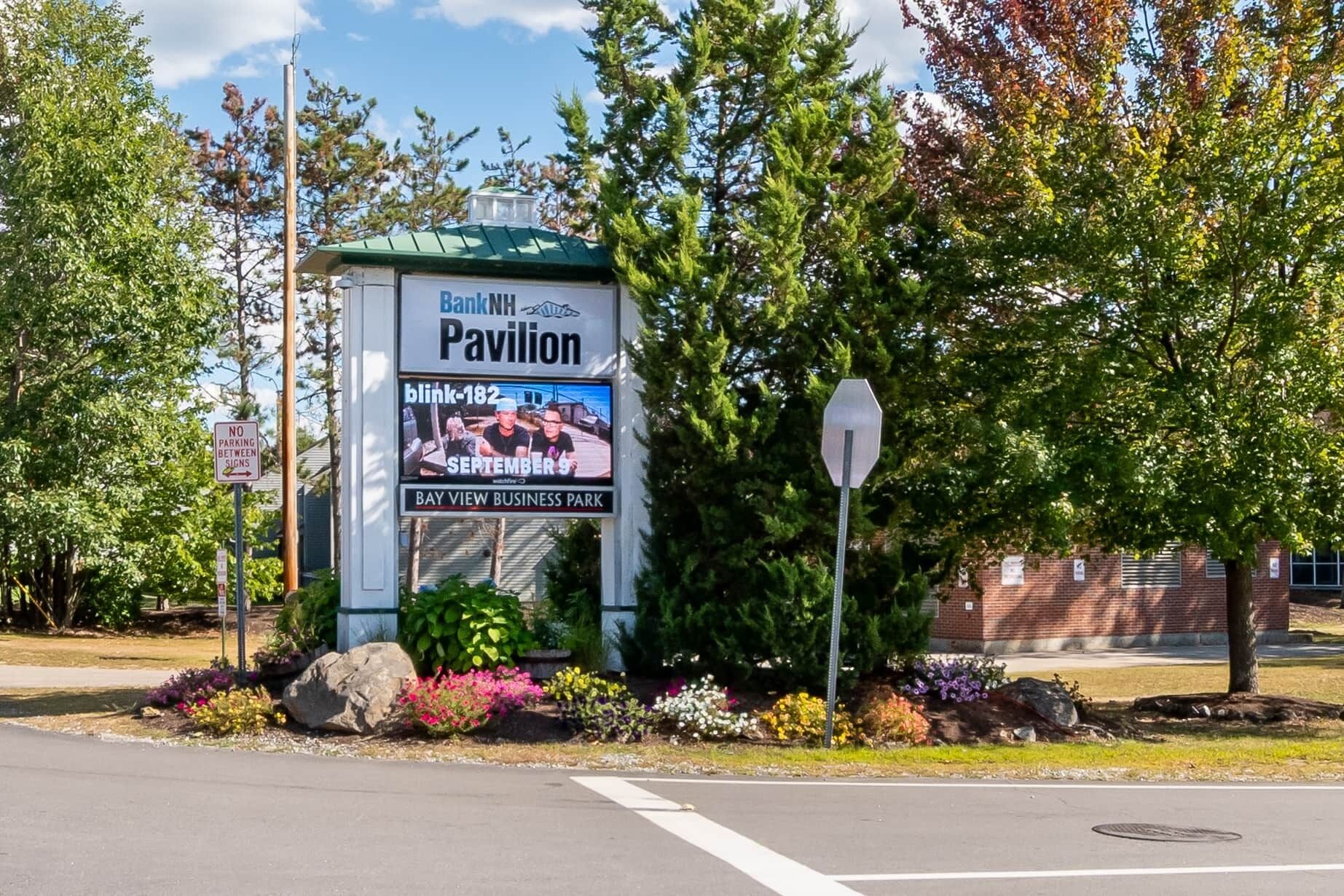 A sign for Bank Hill Pavilion advertising blink-182 on September 9 at Bay View Business Park.