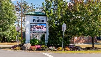 A sign for Bank Hill Pavilion advertising blink-182 on September 9 at Bay View Business Park.