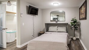 A bedroom with a bed, a TV mounted on the wall, a mirror above the bed, a plant, and a laundry basket. - Lovely cozy cottage with AC in charming Waycross (Waycross)