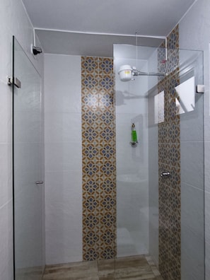 Shower, towels, soap, toilet paper