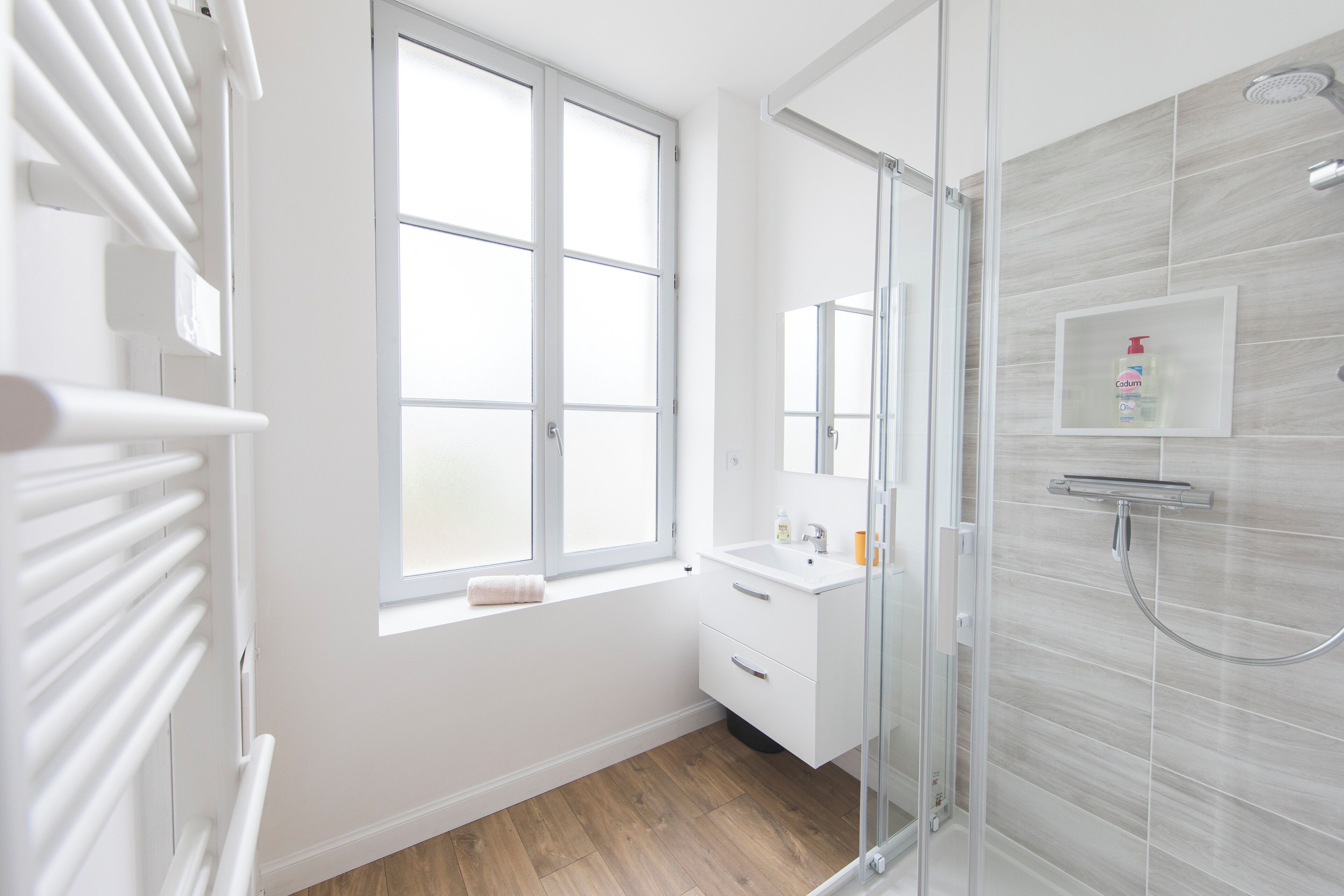 Douche, sèche-cheveux, serviettes fournies, savon