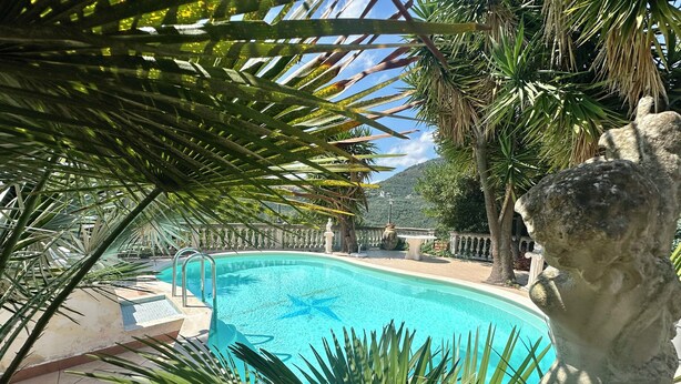 A swimming pool surrounded by palm trees and a stone sculpture. - Villa with pool in a quiet hamlet among olive groves 8 km from the sea. (Chiusanico)