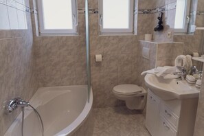 Hair dryer, towels, soap, toilet paper