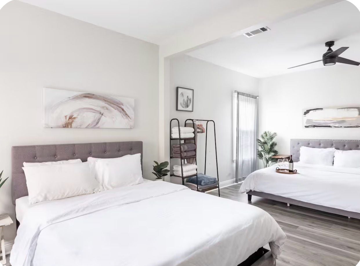 A hotel room with two beds, a ceiling fan, a wall-mounted artwork, a towel rack, and a potted plant.