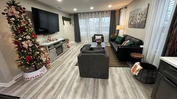 Smart TV, fireplace, books