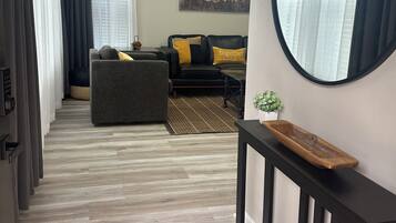 Smart TV, fireplace, books