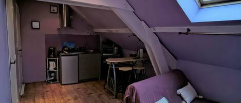 A compact room with a bed, kitchenette, and a skylight.