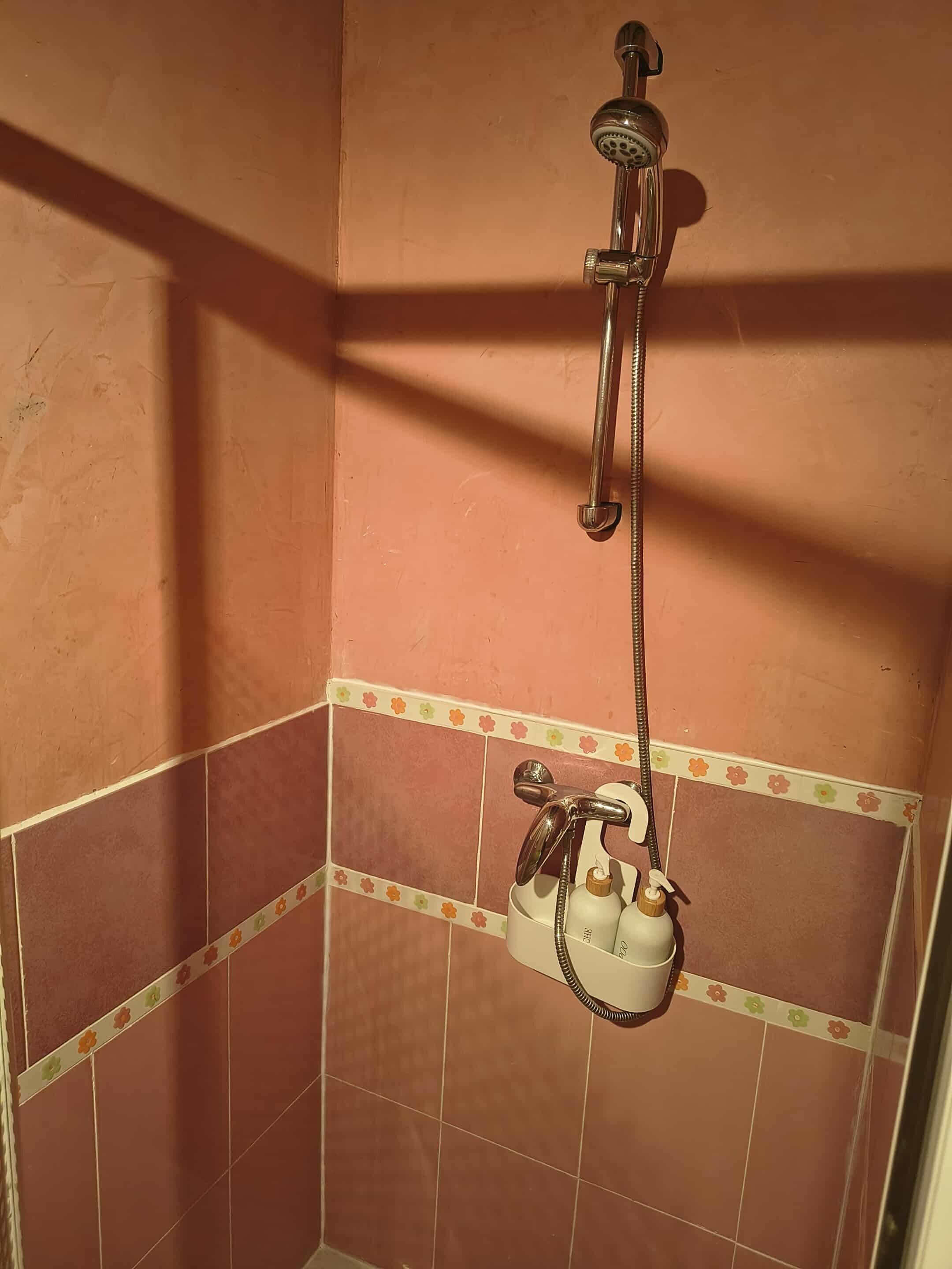 A shower area with a handheld showerhead and a wall-mounted faucet.